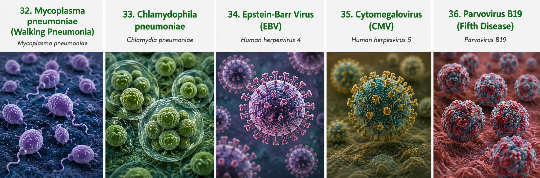 Microscopic images of atypical bacteria and persistent viruses that pass through kids' noses onto household surfaces: Mycoplasma pneumoniae (Walking Pneumonia), Chlamydophila pneumoniae, Epstein-Barr Virus (EBV), Cytomegalovirus (CMV), and Parvovirus B19 (Fifth Disease)