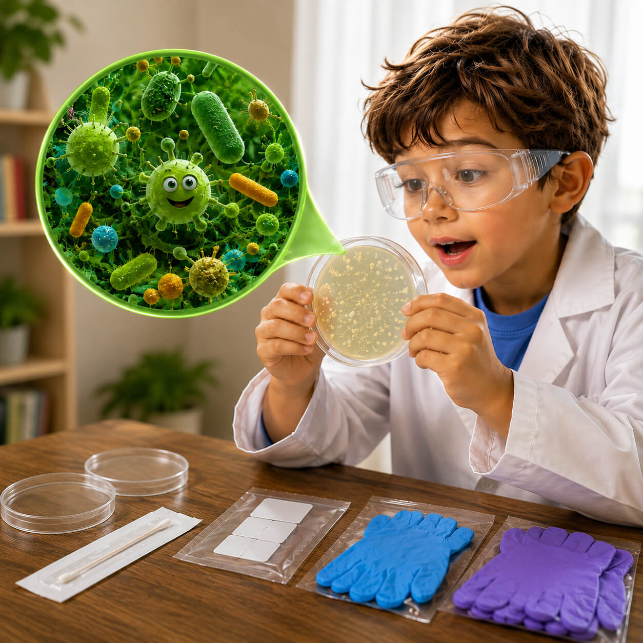 The science behind Booger Kit in action as a young scientist studies bacteria grown from a nose swab