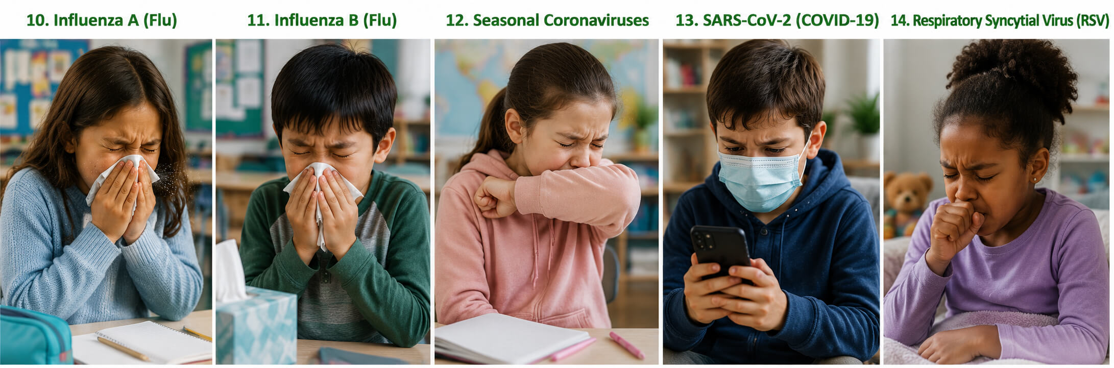 Children sick with the most common seasonal viruses that spread through classrooms and onto surfaces: Influenza A, Influenza B, Seasonal Coronaviruses, SARS-CoV-2 (COVID-19), and Respiratory Syncytial Virus (RSV)