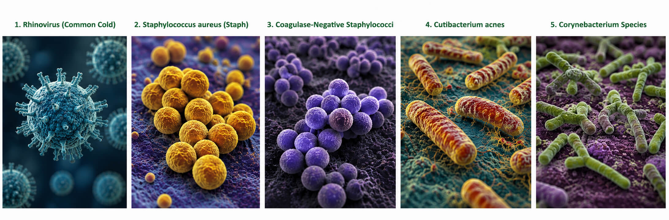 Microscopic images of the top 5 germs found in a child's nose that spread to surfaces - Rhinovirus, Staphylococcus aureus, Coagulase-Negative Staphylococci, Cutibacterium acnes, and Corynebacterium