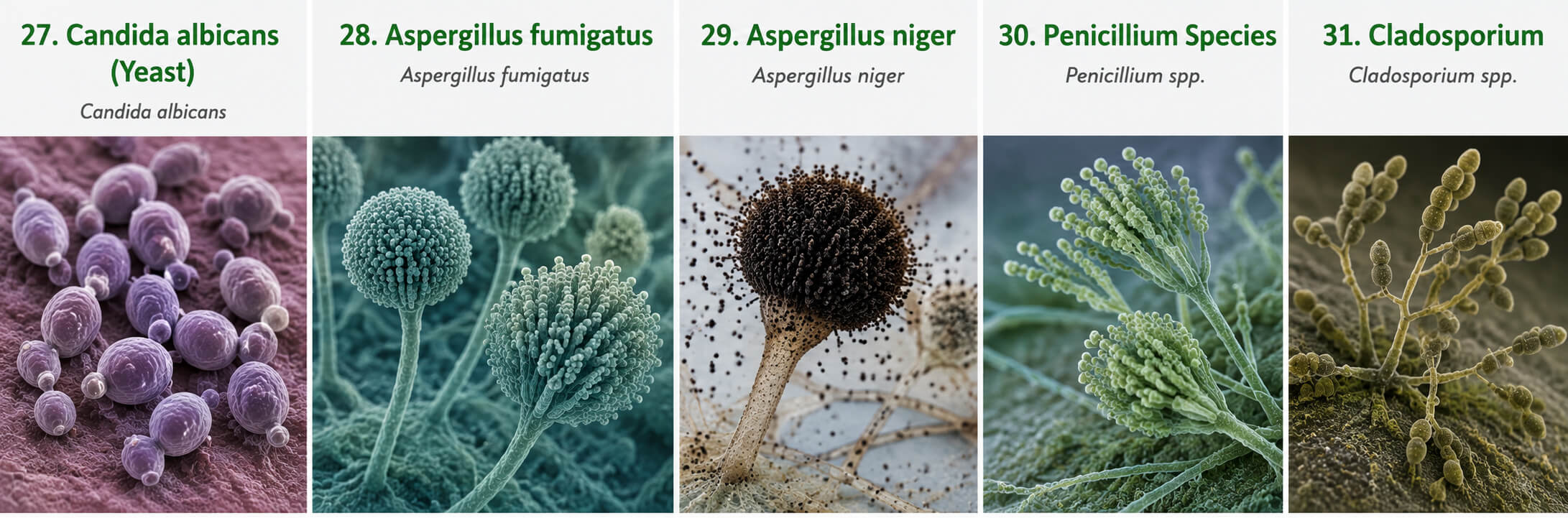 Microscopic images of common molds, fungi, and yeast that kids inhale and spread to surfaces with their fingers: Candida albicans, Aspergillus fumigatus, Aspergillus niger, Penicillium species, and Cladosporium