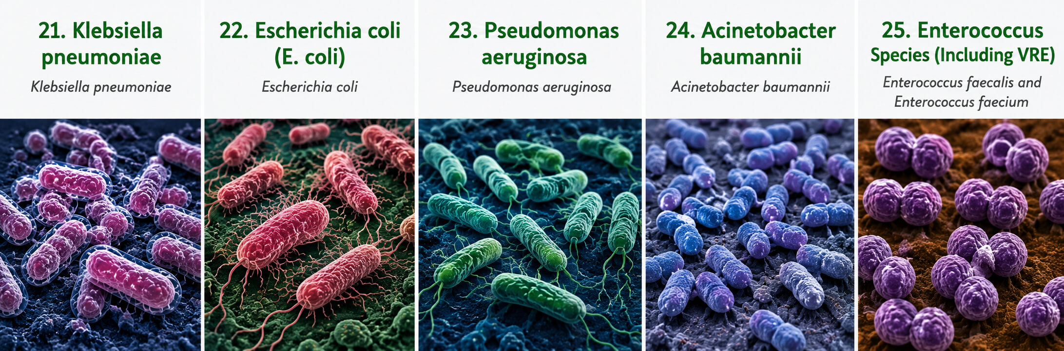 Microscopic images of drug-resistant and opportunistic bacteria that spread from hands to surfaces: Klebsiella pneumoniae, Escherichia coli (E. coli), Pseudomonas aeruginosa, Acinetobacter baumannii, and Enterococcus species including VRE