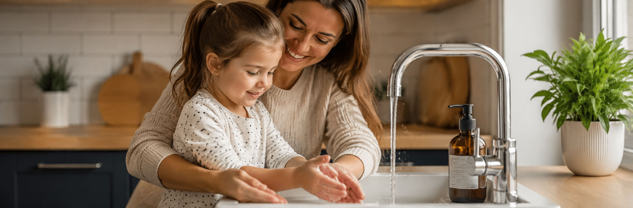 Mother helping her young daughter wash hands at the kitchen sink to prevent nose picking germs from spreading to surfaces