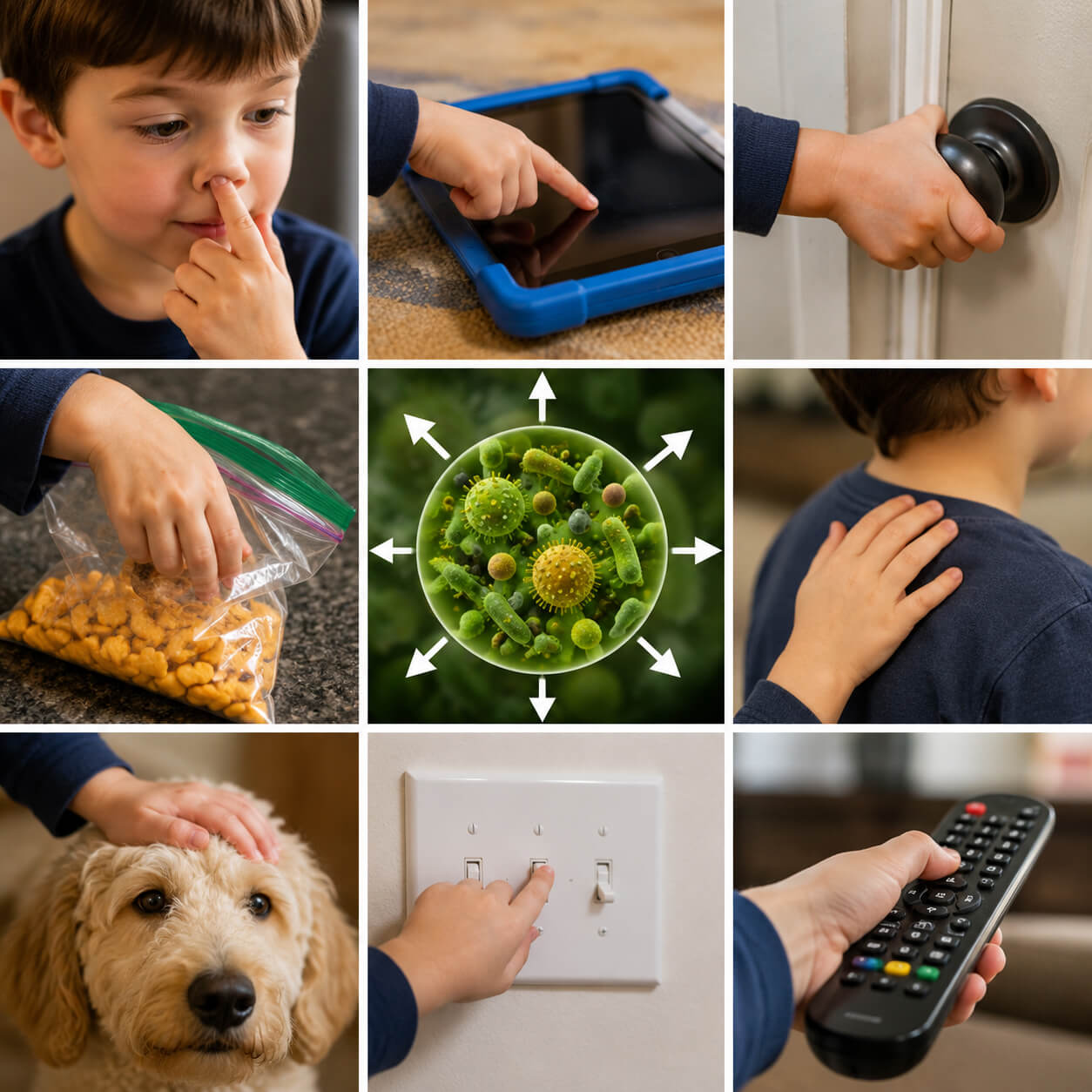 Nose germs spreading from finger to iPad, doorknob, snack bag, sibling, dog, and remote