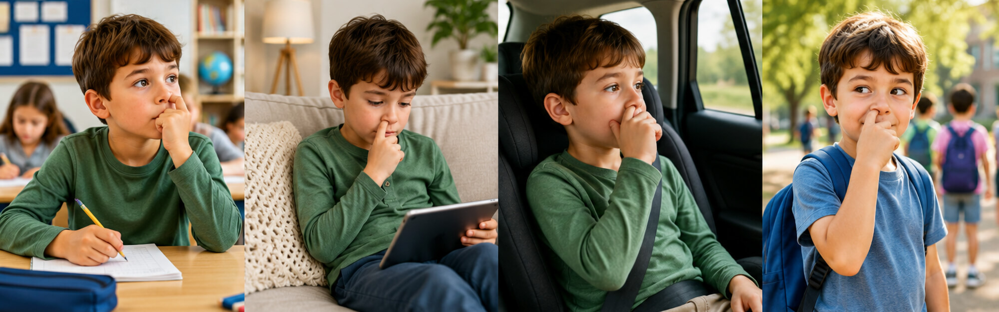 Child picking nose in public settings including school, home, car, and outdoors