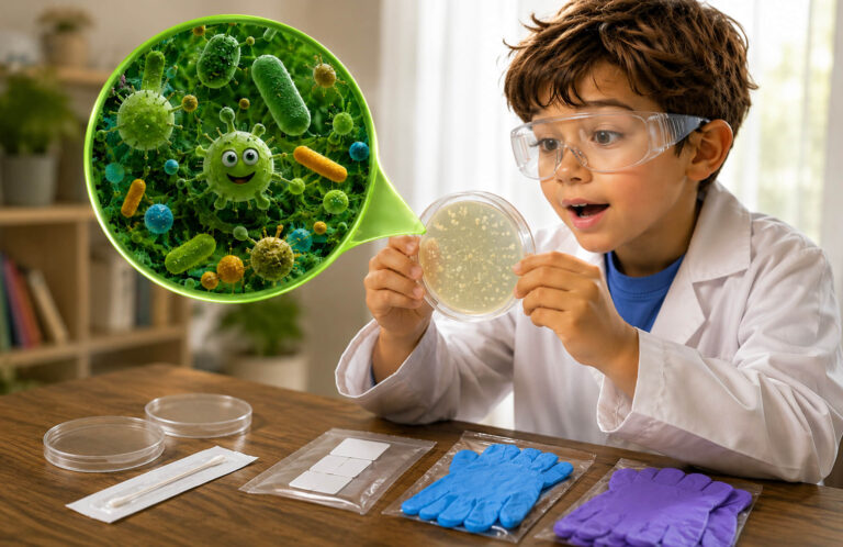 The science behind Booger Kit shown through a child in a lab coat examining a petri dish of bacteria