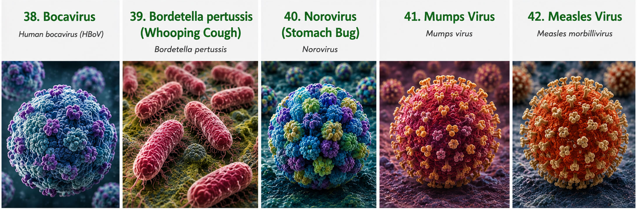 Microscopic images of vaccine-preventable and environmental germs that spread to surfaces from kids' hands: Bocavirus (HBoV), Bordetella pertussis (Whooping Cough), Norovirus (Stomach Bug), Mumps Virus, and Measles Virus
